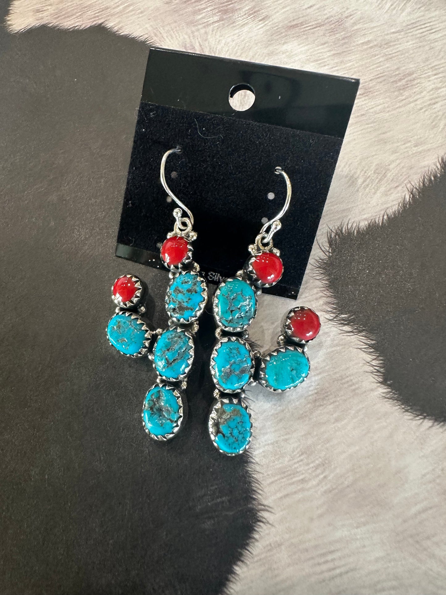 Sterling Silver, Turquoise & Coral Cactus Earrings Signed Zia