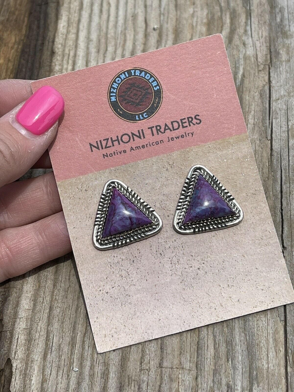 Beautiful Navajo Sterling Dyed Purple Kingman Turquoise Triangle Post Earrings