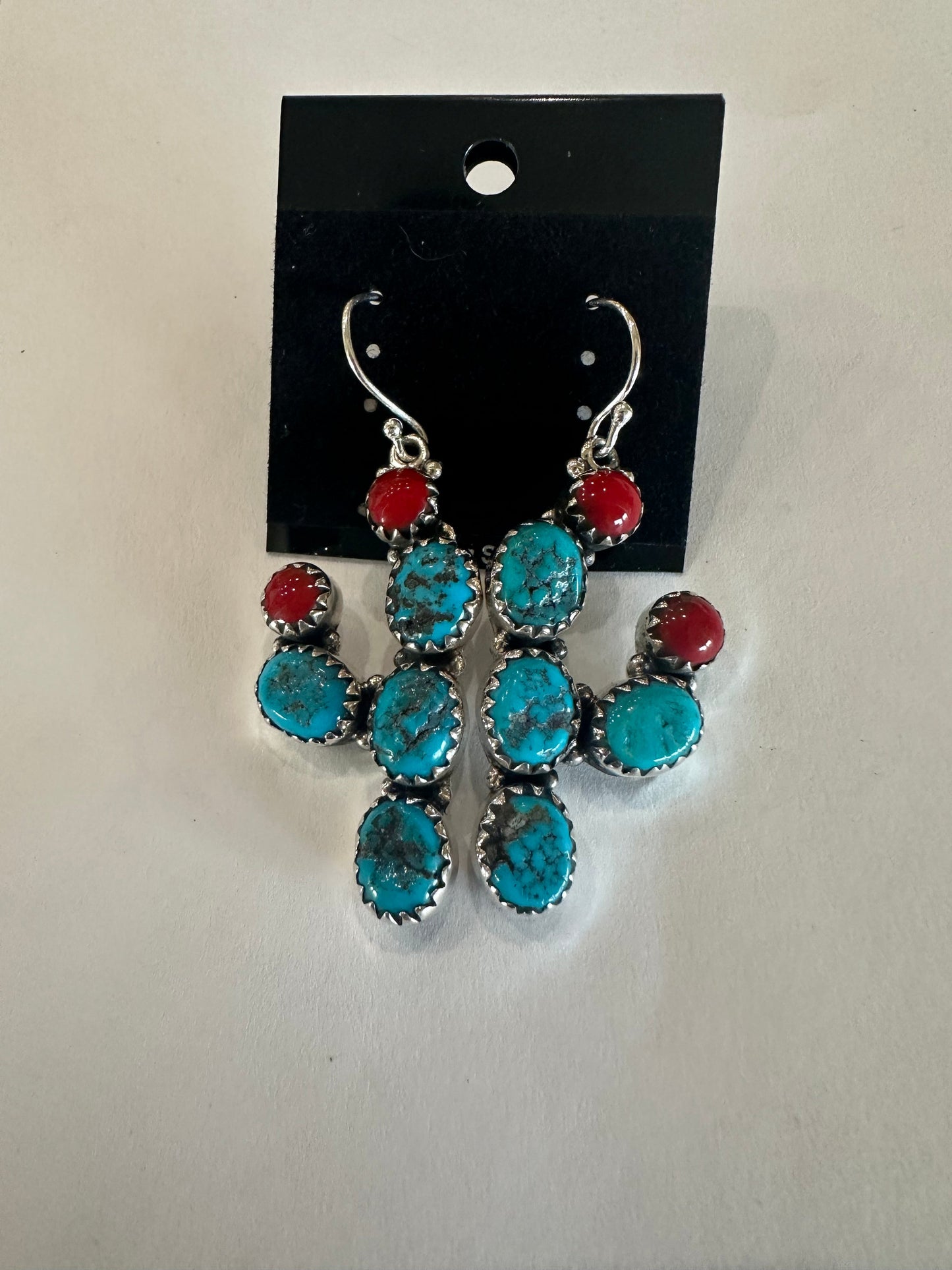 Sterling Silver, Turquoise & Coral Cactus Earrings Signed Zia