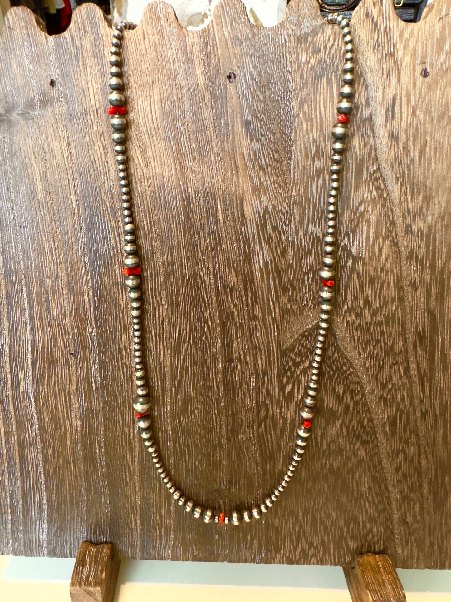Sterling Silver and Mediterranean Coral 24" Graduated Navajo Pearl Necklace