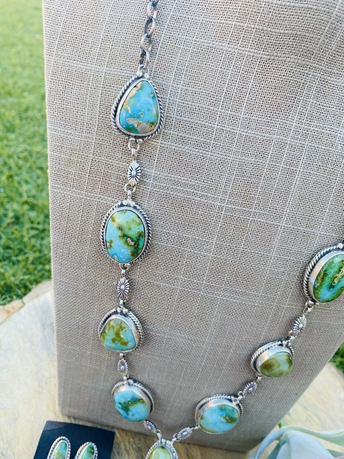Stunning Navajo Sterling Silver & Sonoran Mountain Turquoise Necklace Set