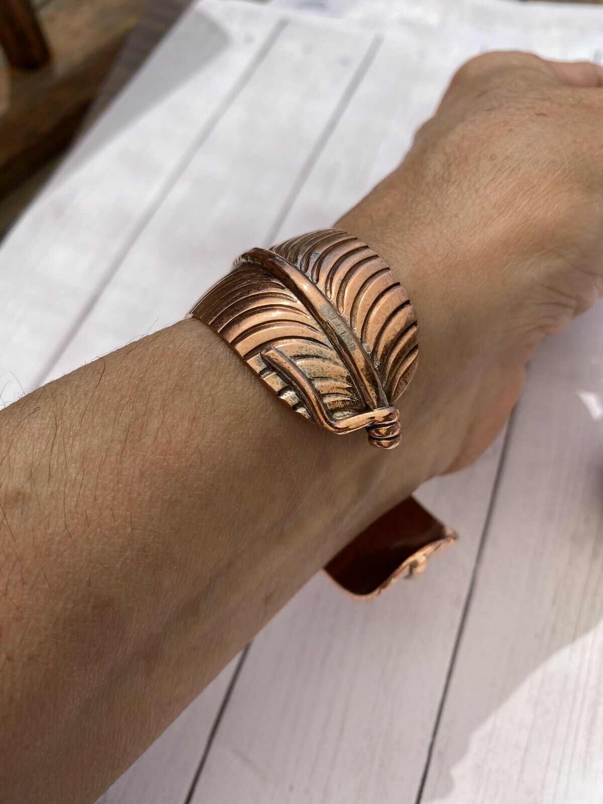 Navajo Copper Hand Stamped  Feather Bracelet Cuff
