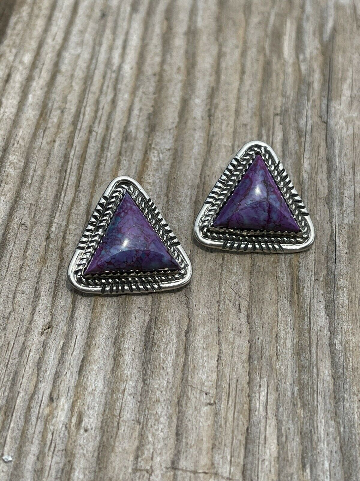 Beautiful Navajo Sterling Dyed Purple Kingman Turquoise Triangle Post Earrings