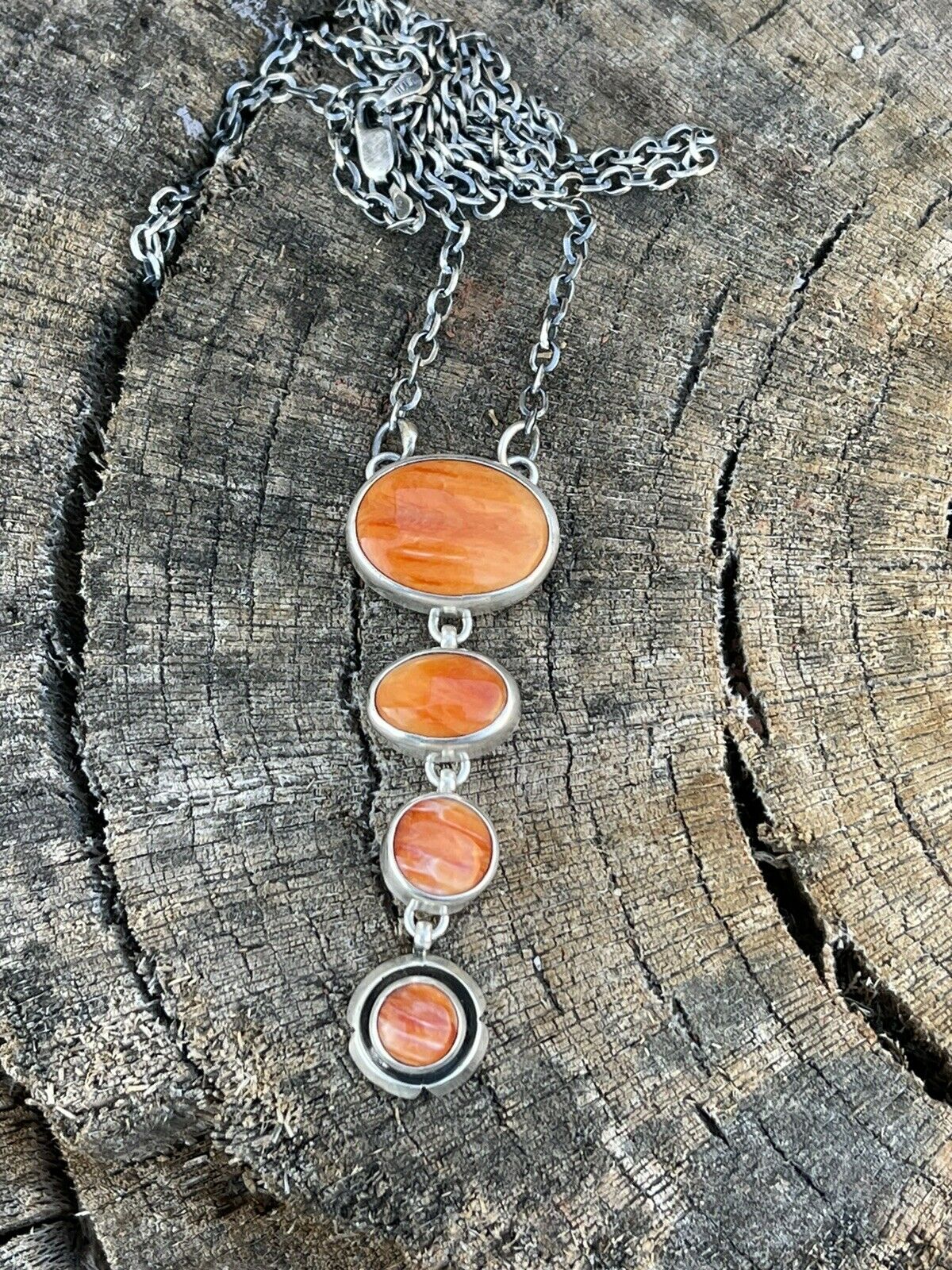 Navajo Orange Spiny Circle & Sterling Silver 4 Stone Lariat Necklace