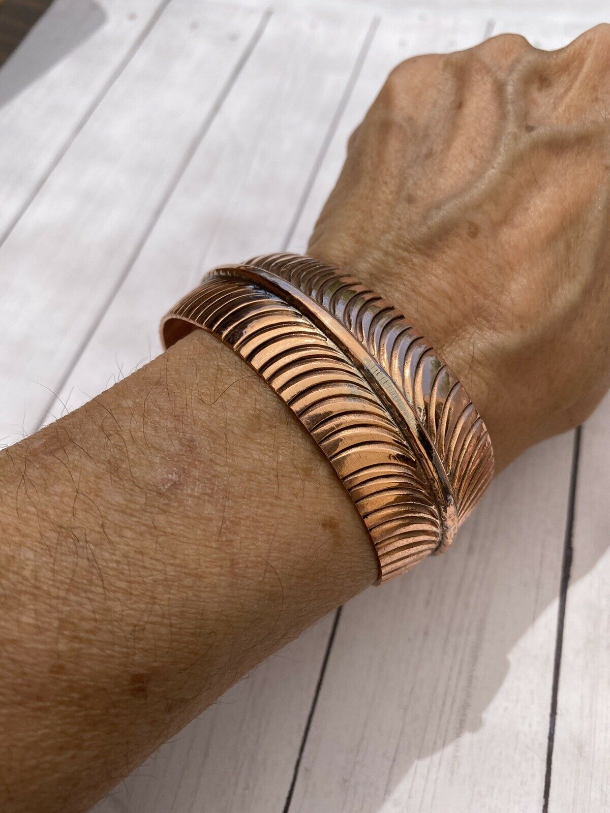Navajo Copper Hand Stamped  Feather Bracelet Cuff