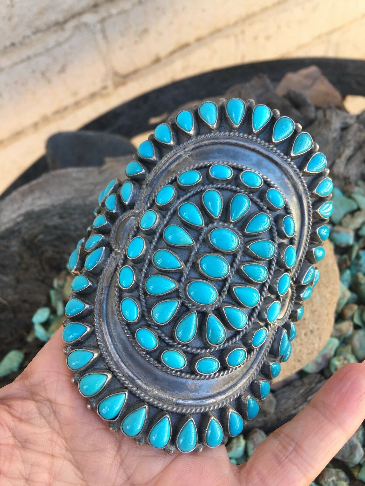 Anthony Skeets Navajo Cluster Turquoise & Sterling Silver Cuff Bracelet Signed