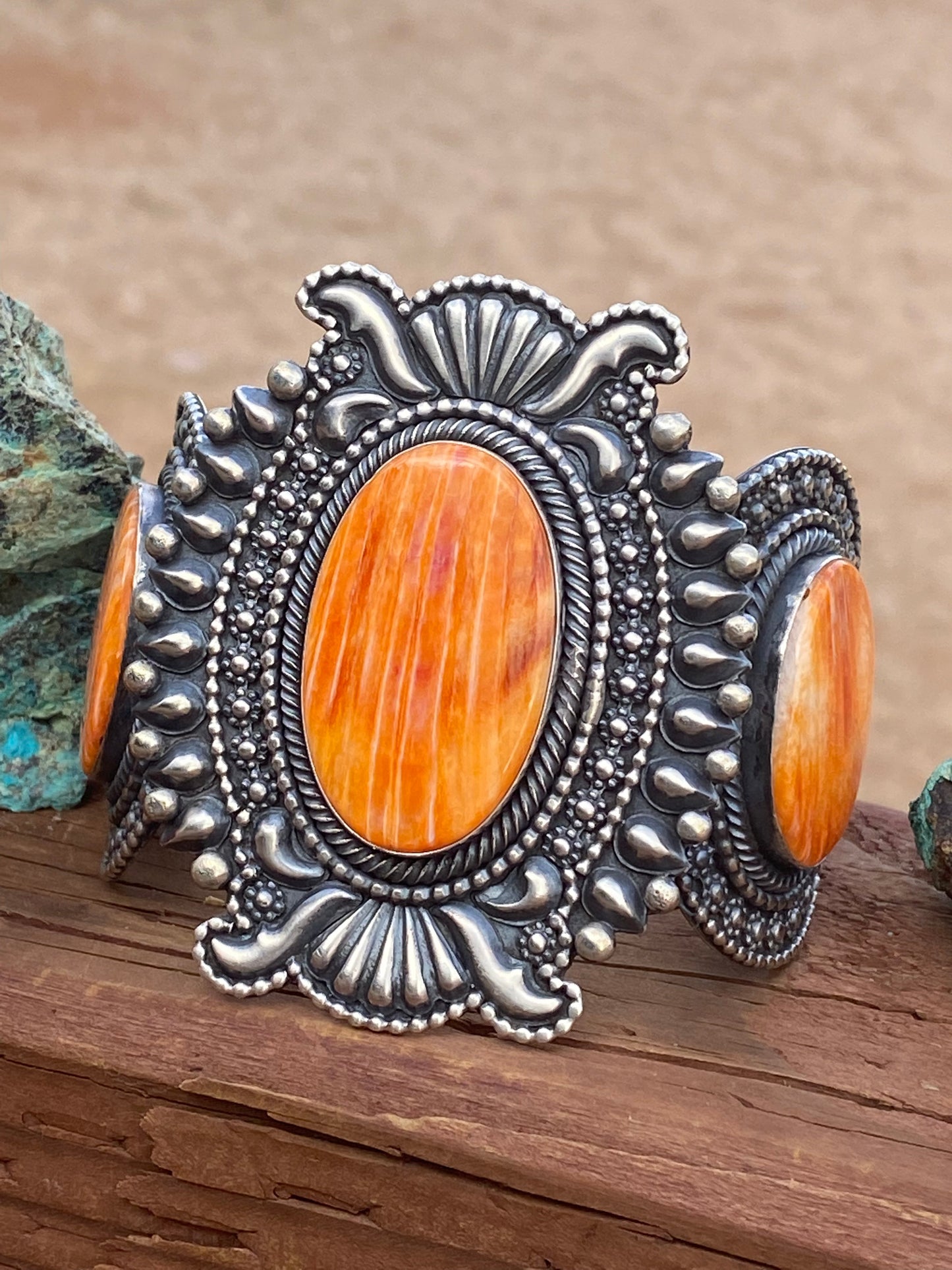Beautiful Navajo Orange Spiny & Sterling Silver Cuff Bracelet Signed