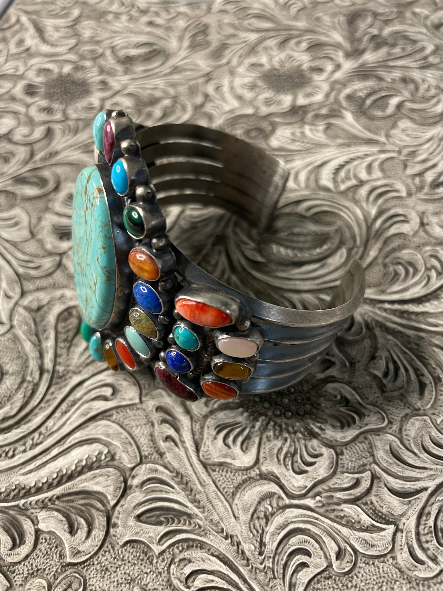 Anthony Skeets Navajo Multi Stone & Sterling Silver Cuff Bracelet Signed