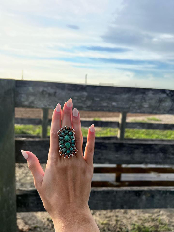 Beautiful Sterling Silver, Turquoise & Spiny Adjustable Ring