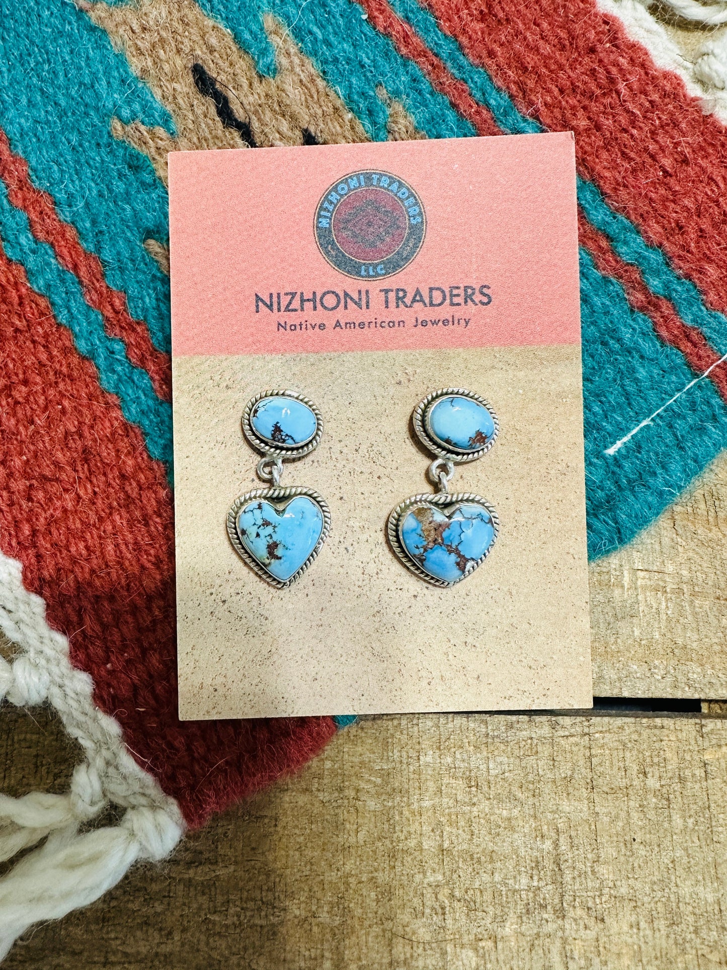 Handmade Golden Hills Turquoise & Sterling Silver Heart Dangle Earrings Signed Nizhoni