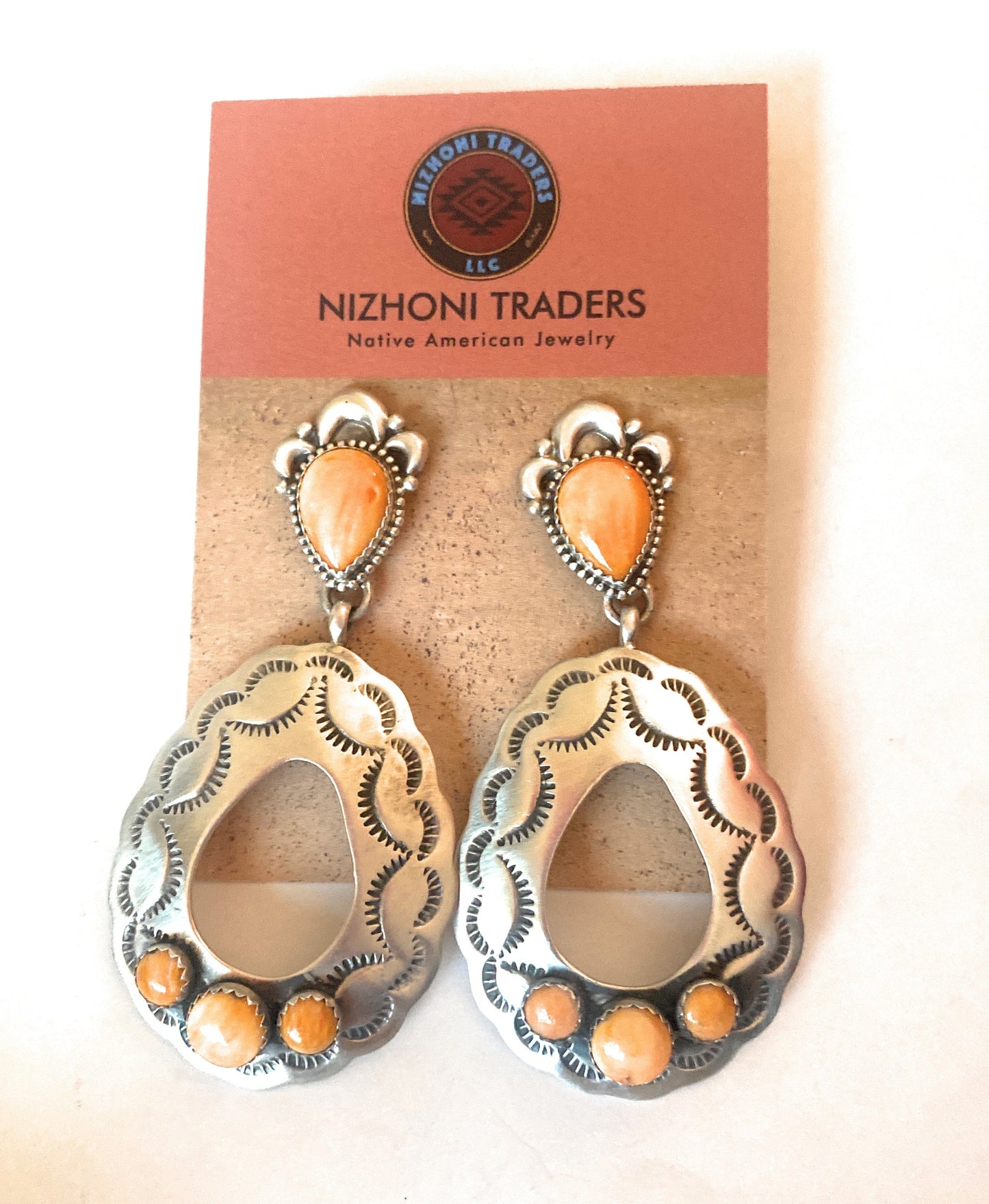 Navajo Sterling Silver & Orange Spiny Concho Dangle Earrings
