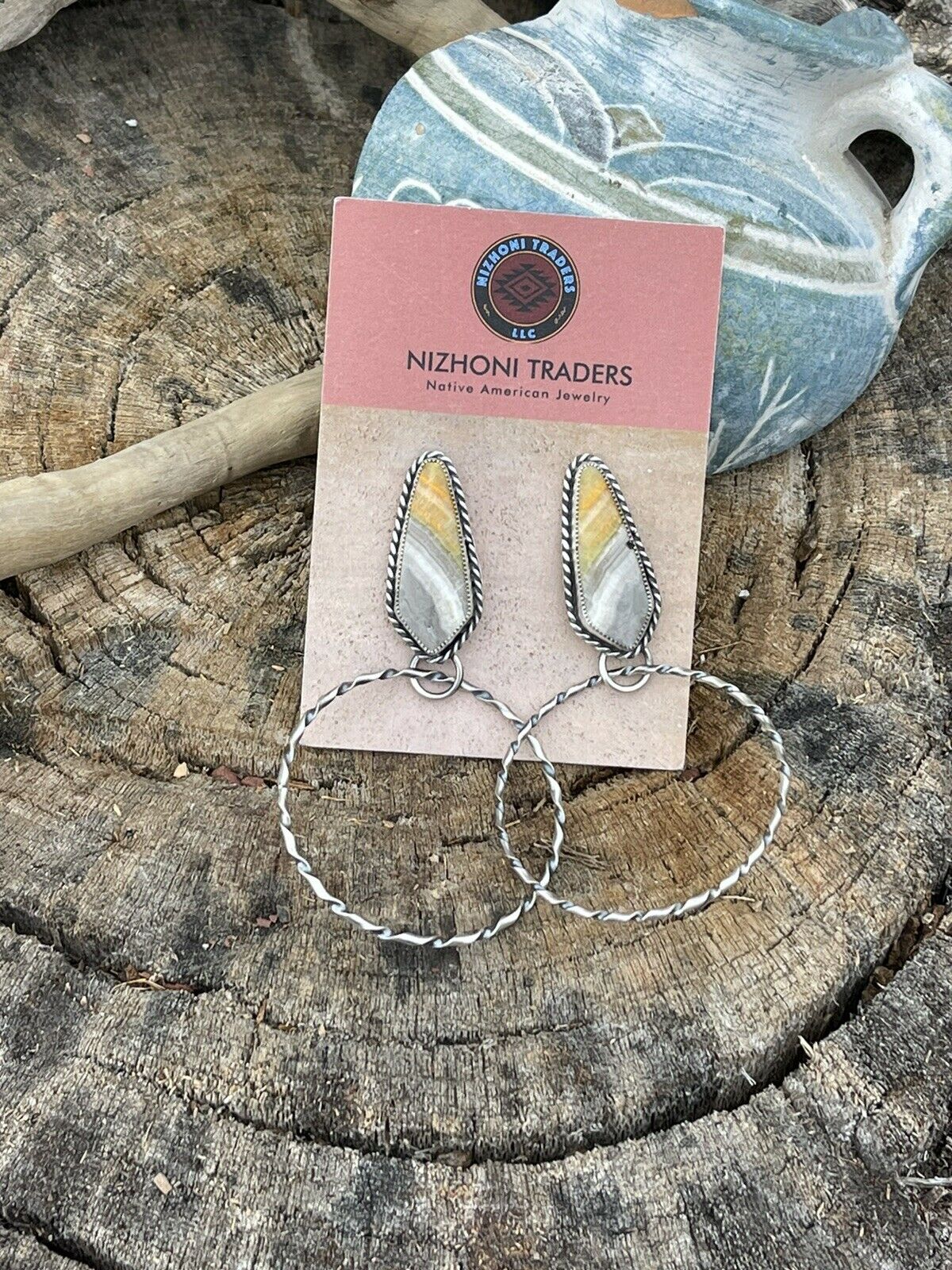 Navajo Bumblebee Jasper & Sterling Silver Dangle Hoop Earrings