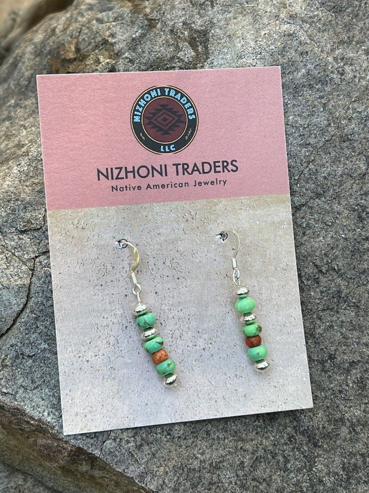 Navajo Sterling Apple Coral  & Green Kingman Turquoise Dangle Bead Earrings