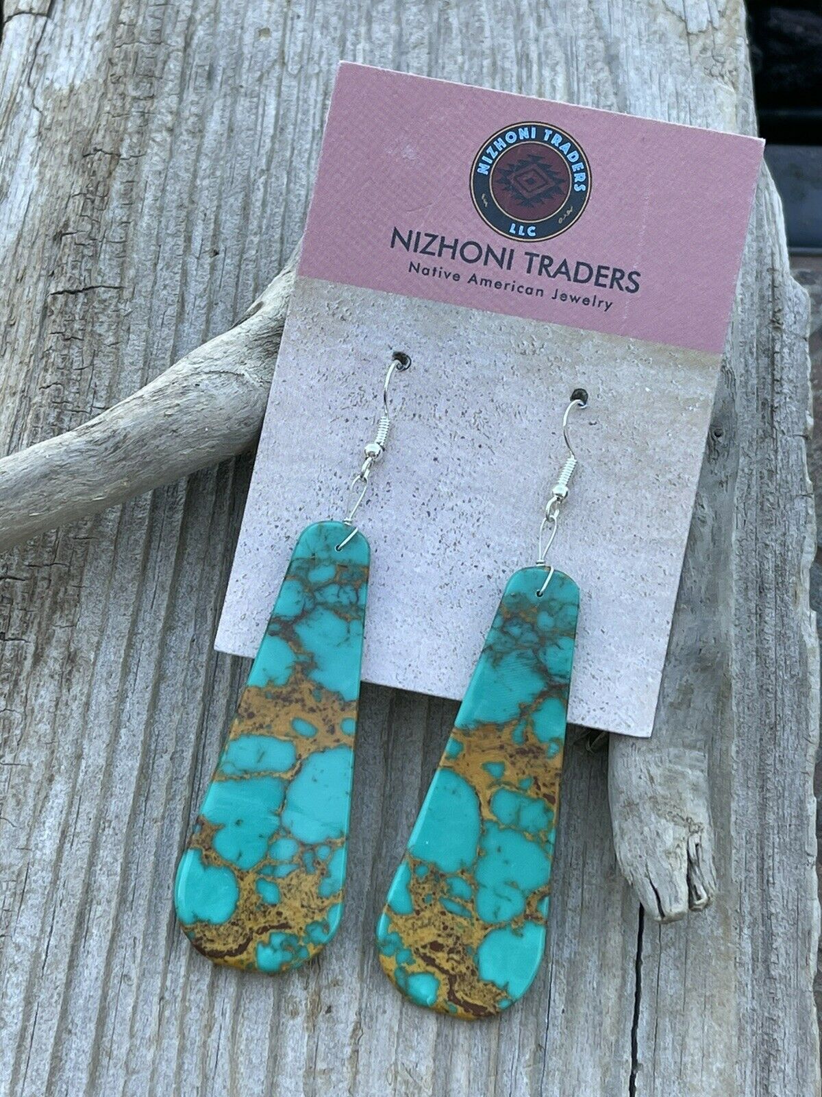 Navajo Sleek Sterling Silver & Green Turquoise Slab Dangle Earrings