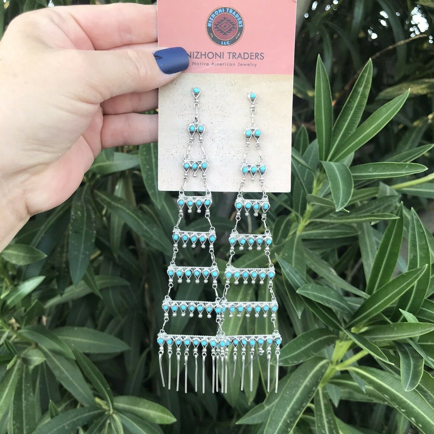 Sterling Silver Turquoise Handmade Dangle Needlepoint Earrings By W. J