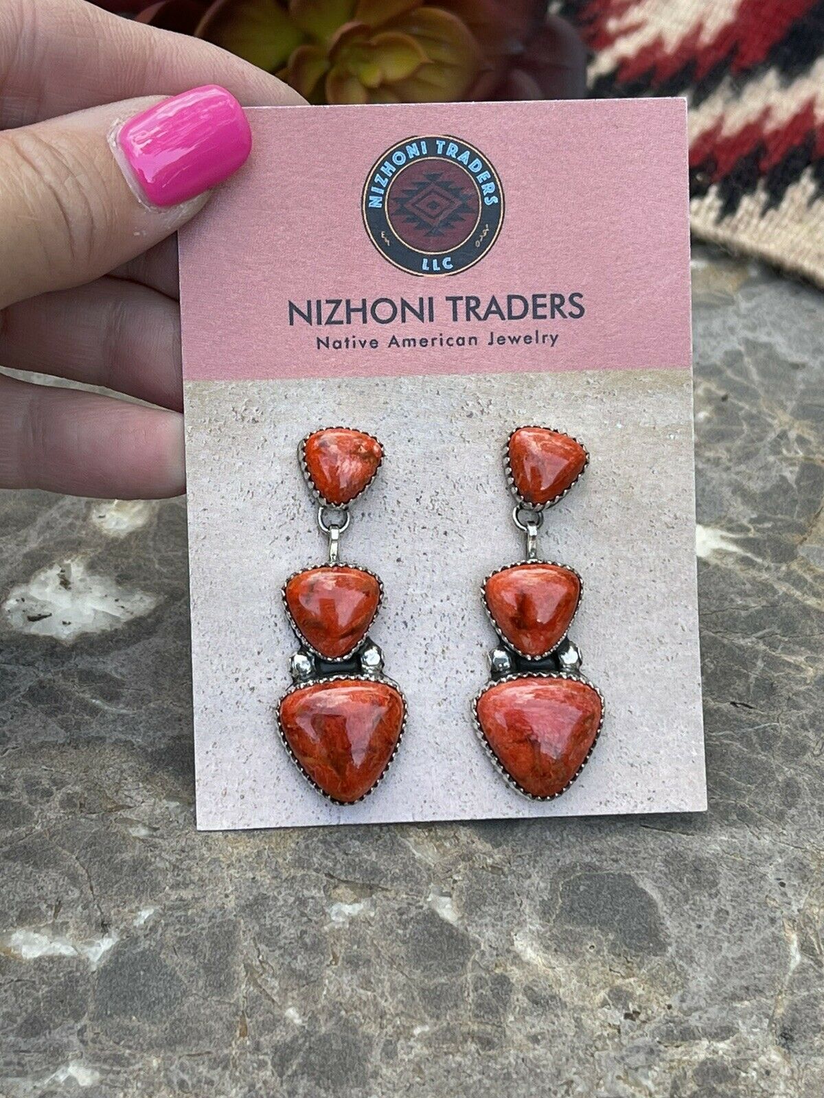 Beautiful Navajo Sterling Silver Apple Coral Triple Triangle Dangle Earrings