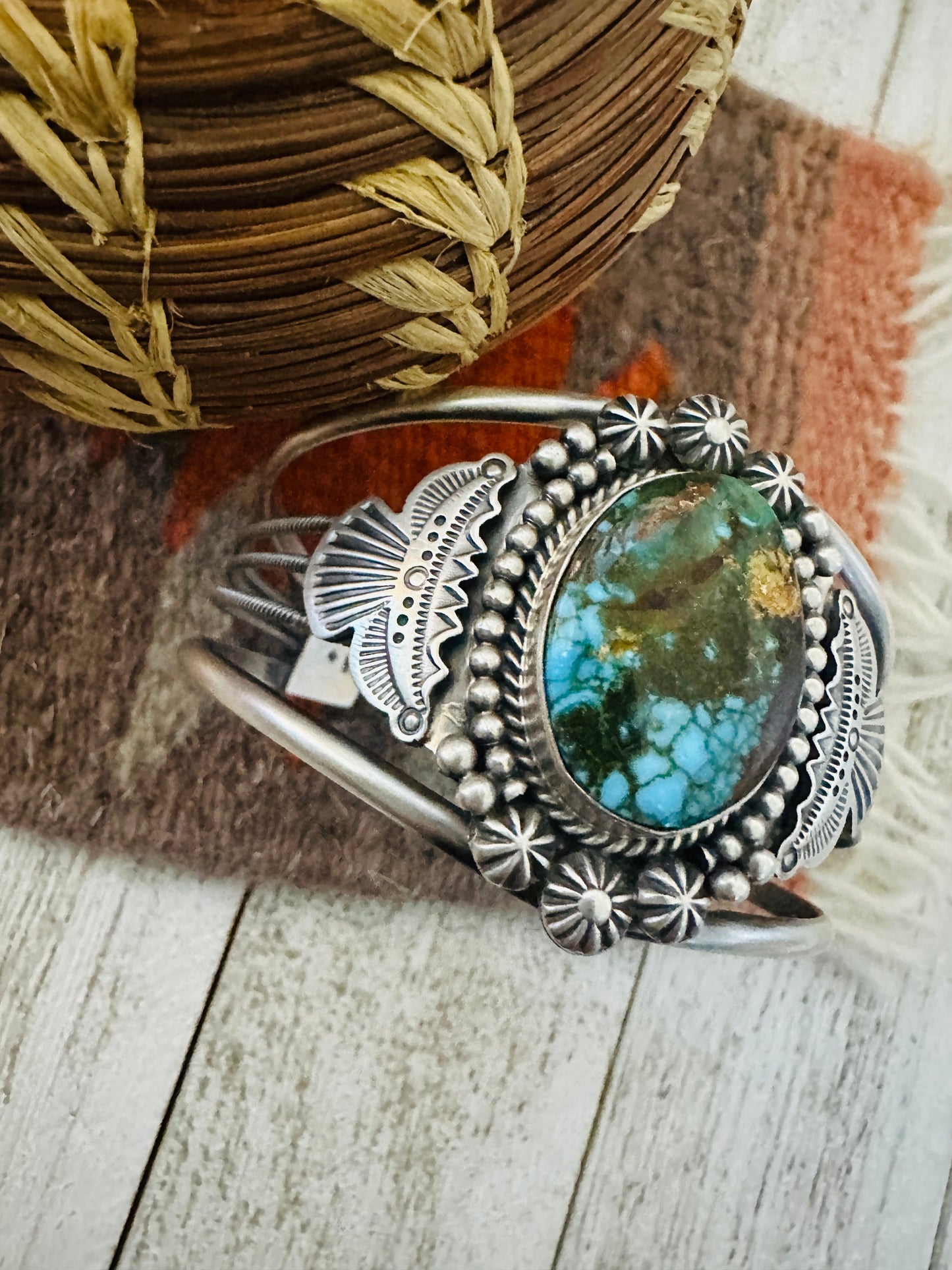 Navajo Kingman Web Turquoise & Sterling Silver Cuff Bracelet By M&R Calladitto