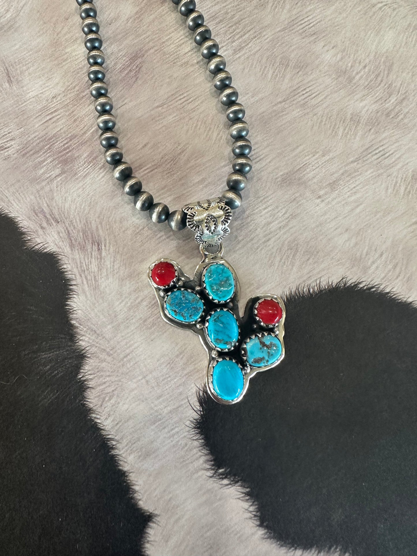 Navajo Sterling Silver, Turquoise & Coral Cactus Pendant Signed Zia