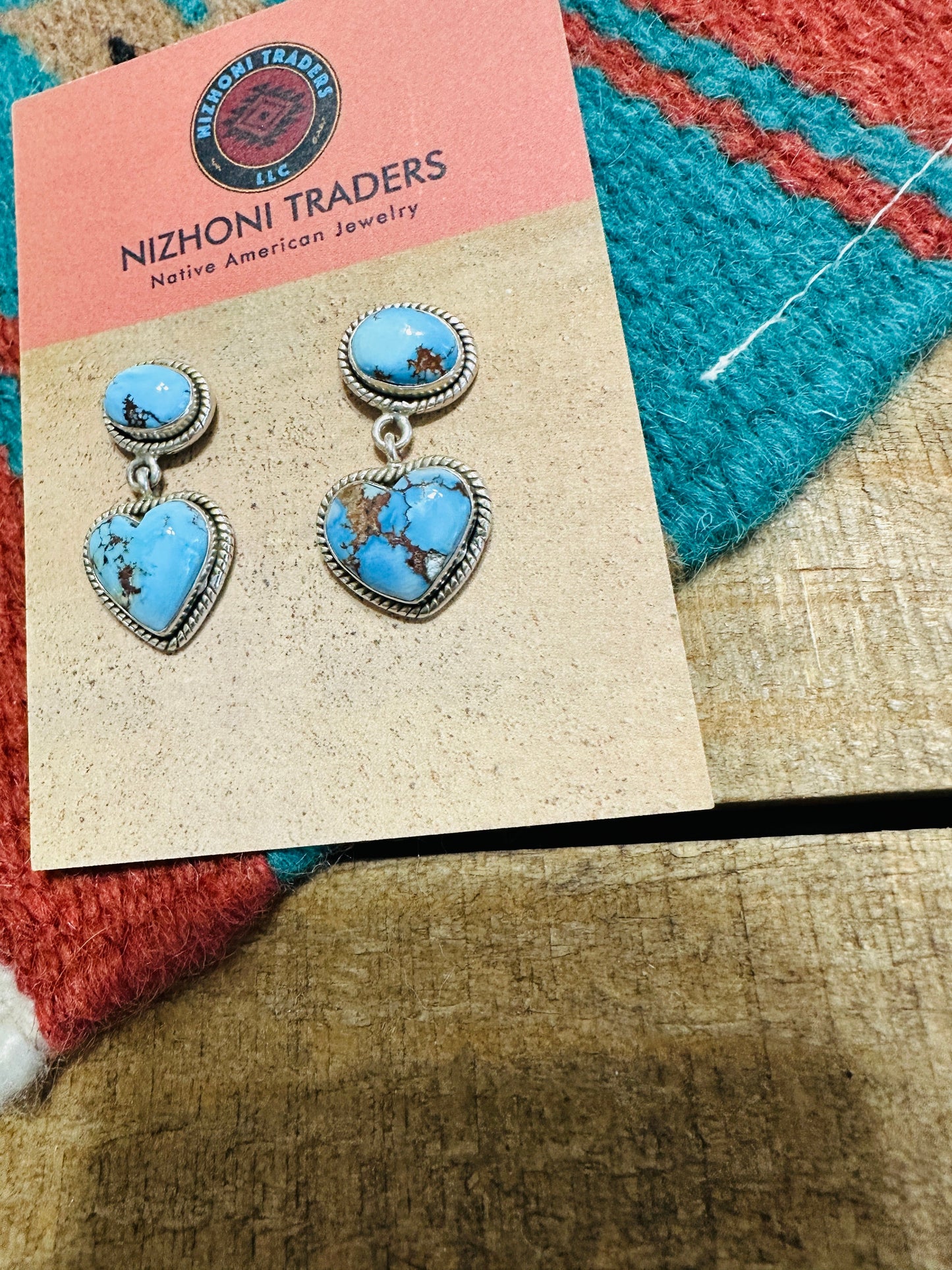 Handmade Golden Hills Turquoise & Sterling Silver Heart Dangle Earrings Signed Nizhoni