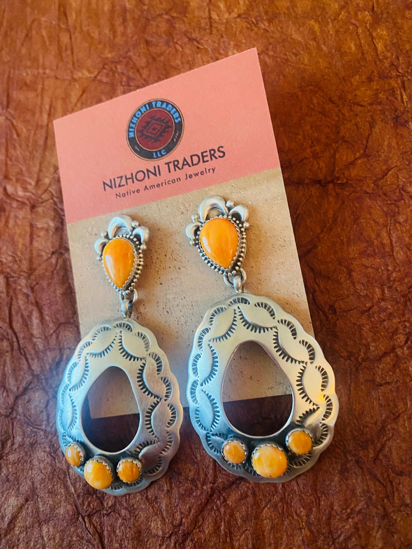 Navajo Sterling Silver & Orange Spiny Concho Dangle Earrings