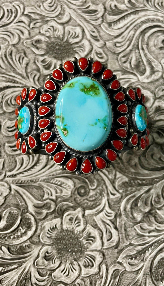 Anthony Skeets Navajo Turquoise, Coral & Sterling Silver Cuff Bracelet Signed