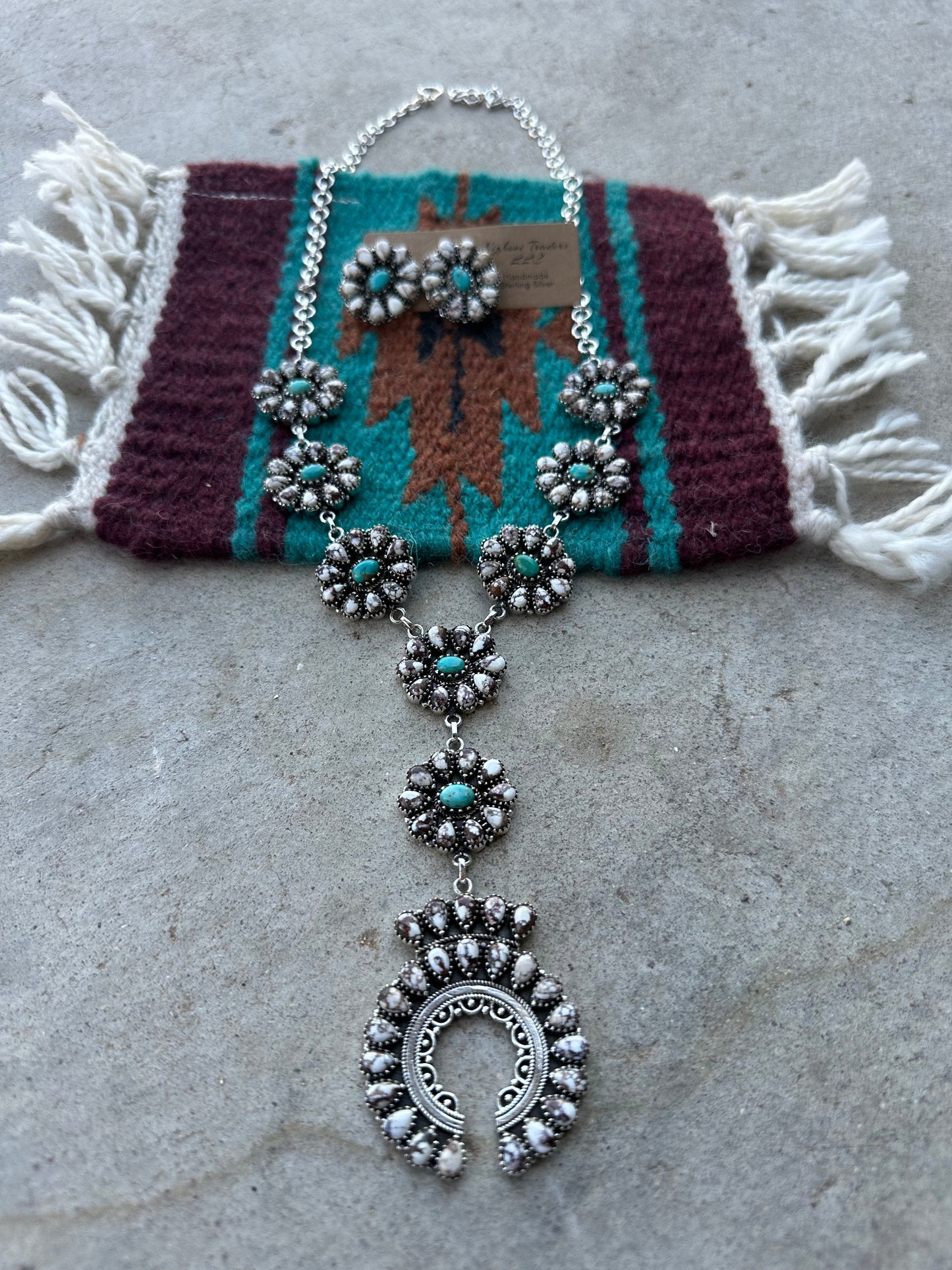 “Desert Roads” Handmade Sterling Silver, Wild Horse & Turquoise Squash Blossom Set