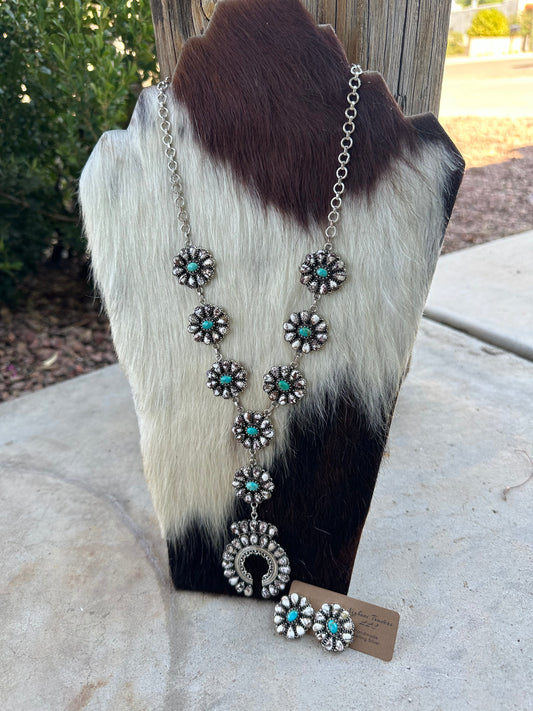 “Desert Roads” Handmade Sterling Silver, Wild Horse & Turquoise Squash Blossom Set