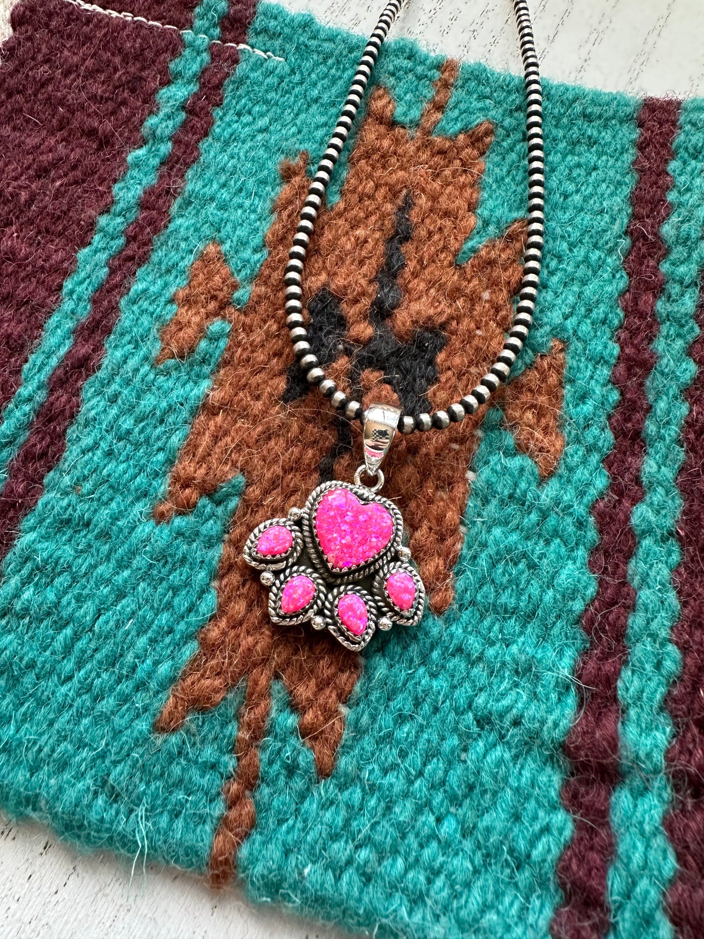 Handmade Pink Fire Opal & Sterling Silver Cluster Heart Pendant