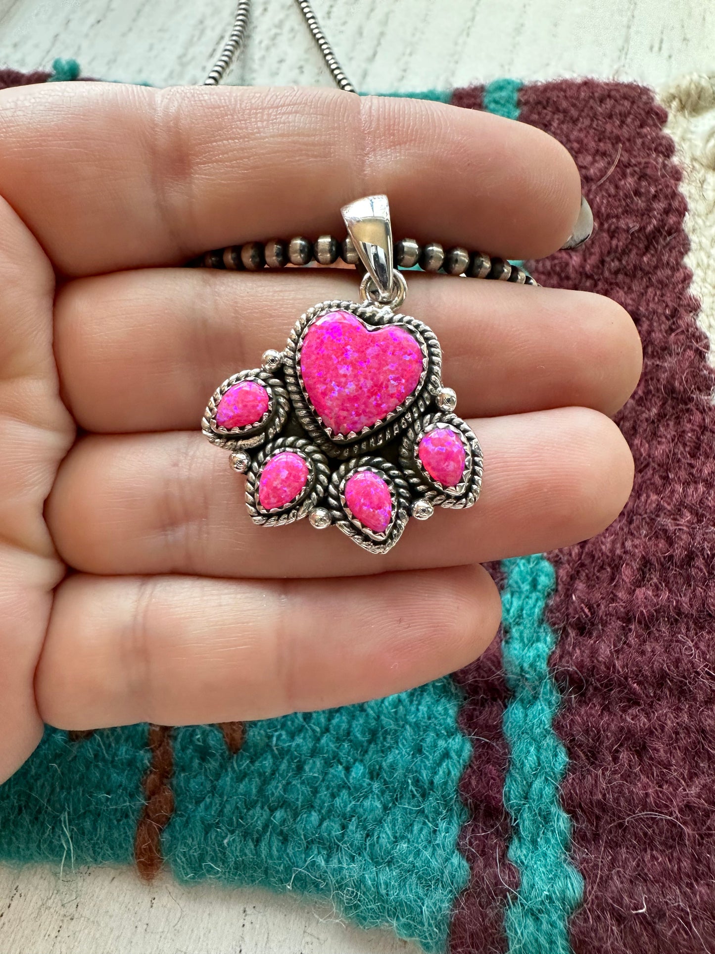 Handmade Pink Fire Opal & Sterling Silver Cluster Heart Pendant