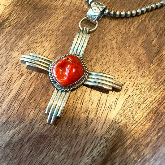 Stamped Sterling Silver and Mediterranean Coral Zia Pendant