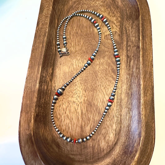 Sterling Silver and Mediterranean Coral 24" Graduated Navajo Pearl Necklace