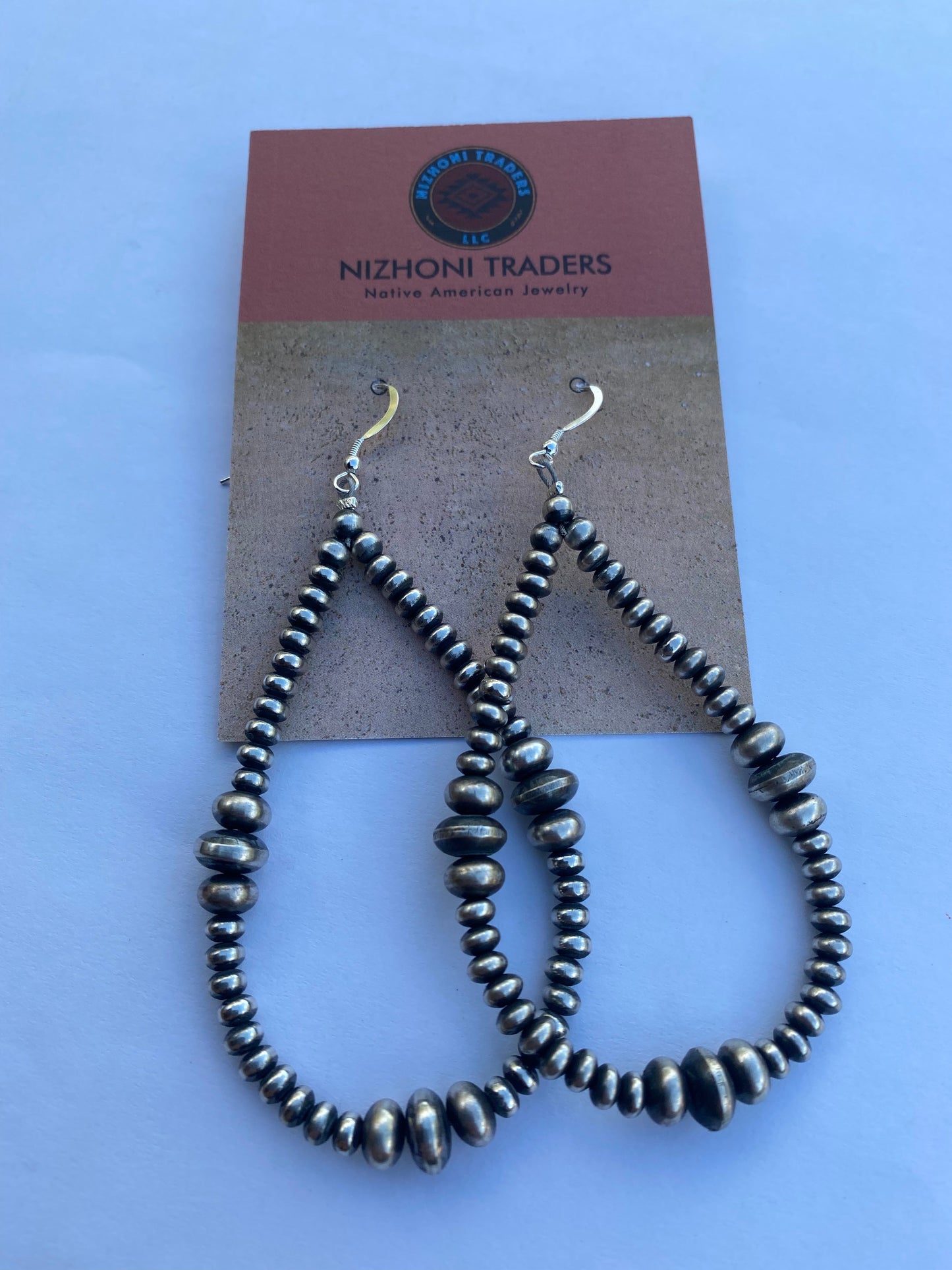 Navajo Pearl Style  Sterling Silver Beaded Dangle Hoop Earrings