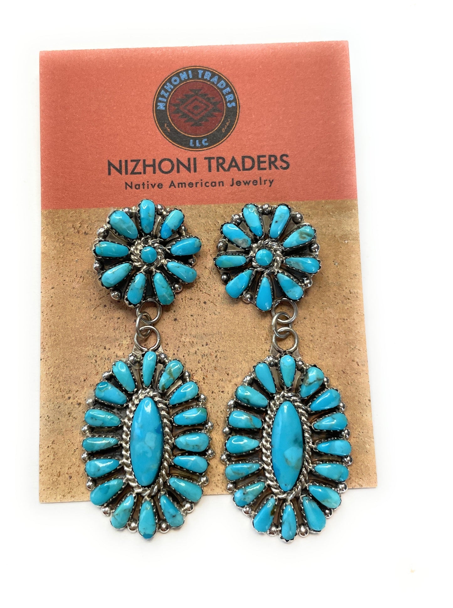 Beautiful Navajo Sterling Silver Kingman Turquoise Dangle Earrings