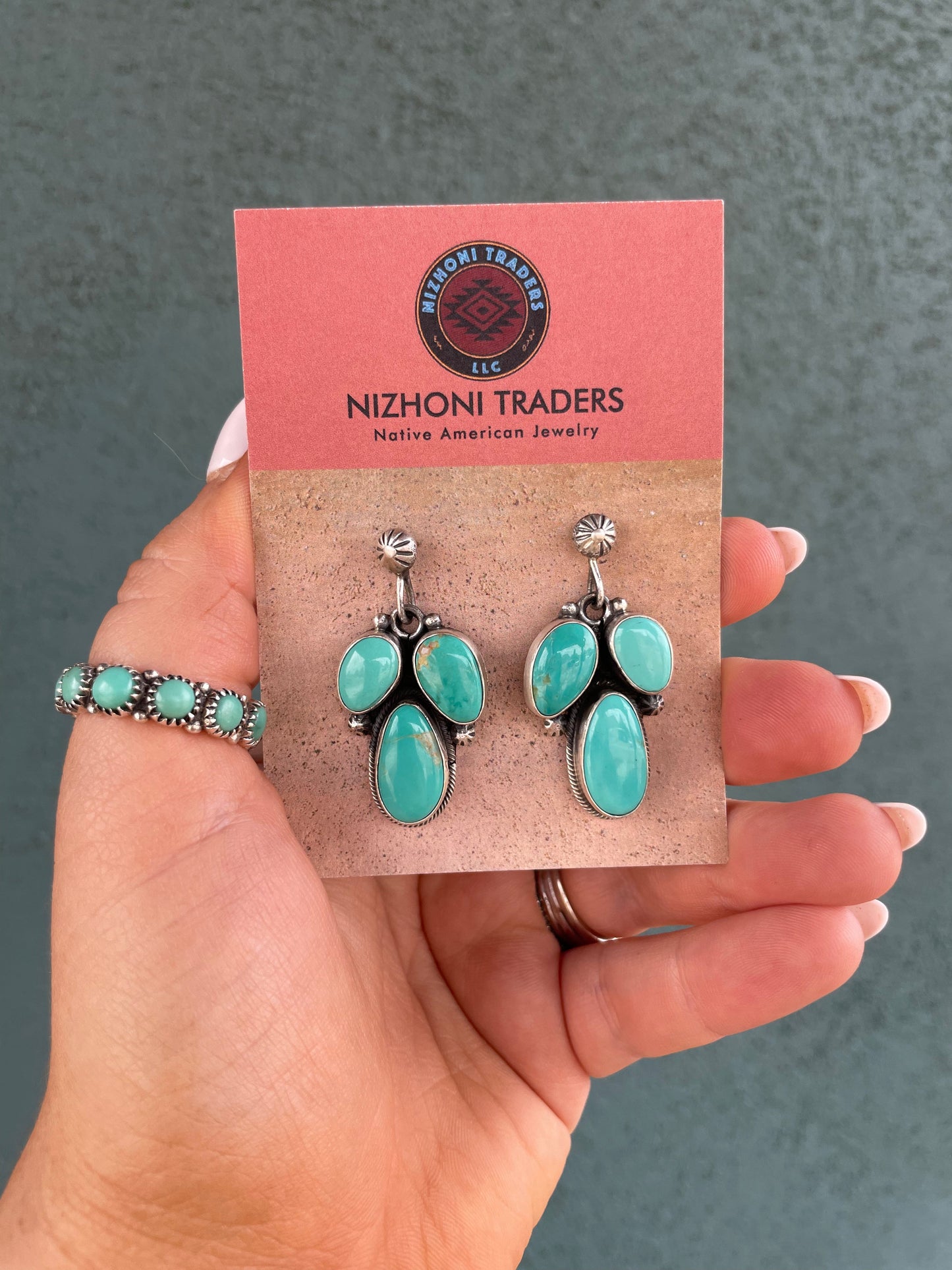 Beautiful Navajo Sterling Silver 3 Stone Turquoise Dangle Earrings