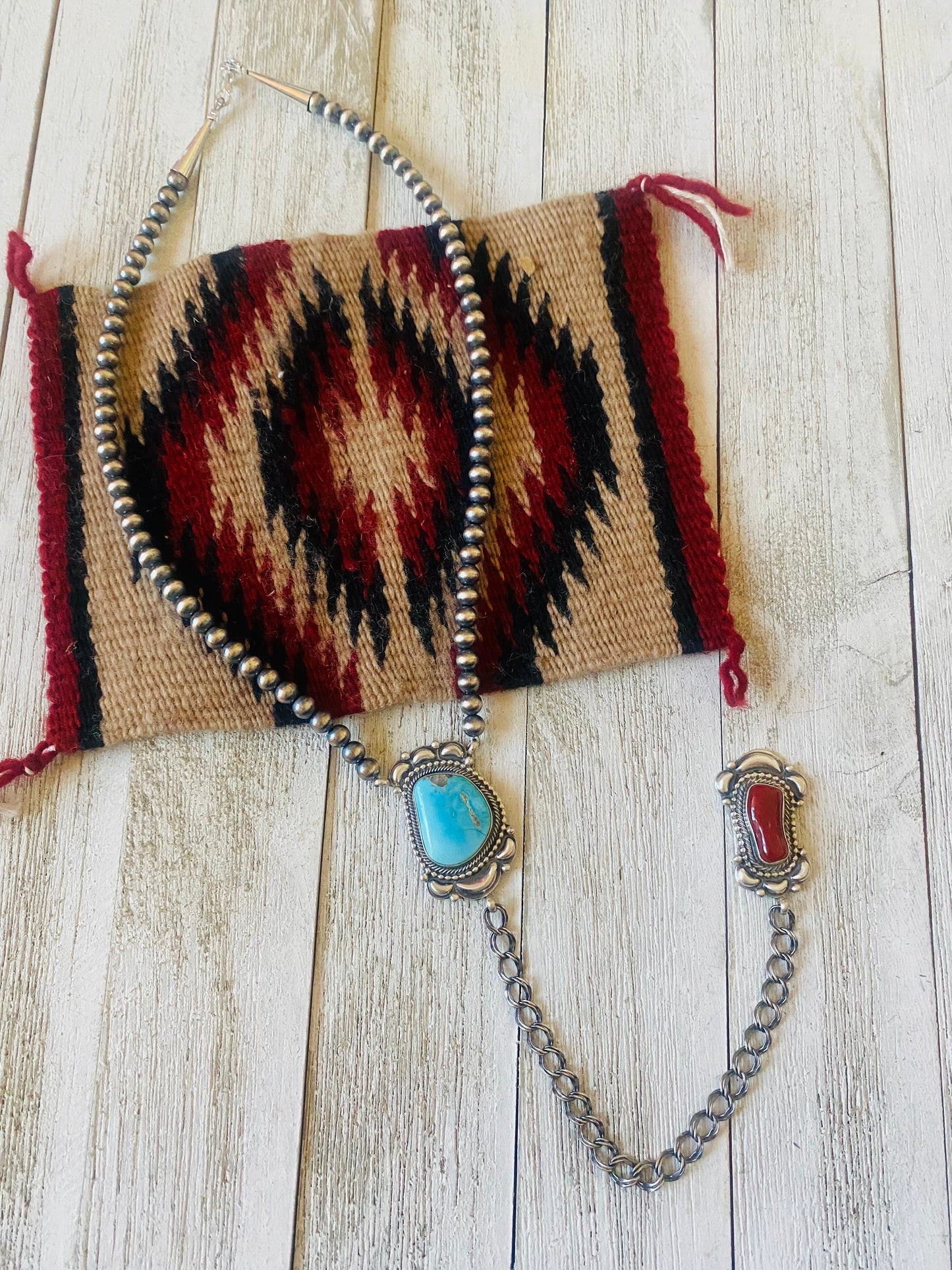 Navajo Coral, Turquoise & Sterling Silver Lariat Necklace