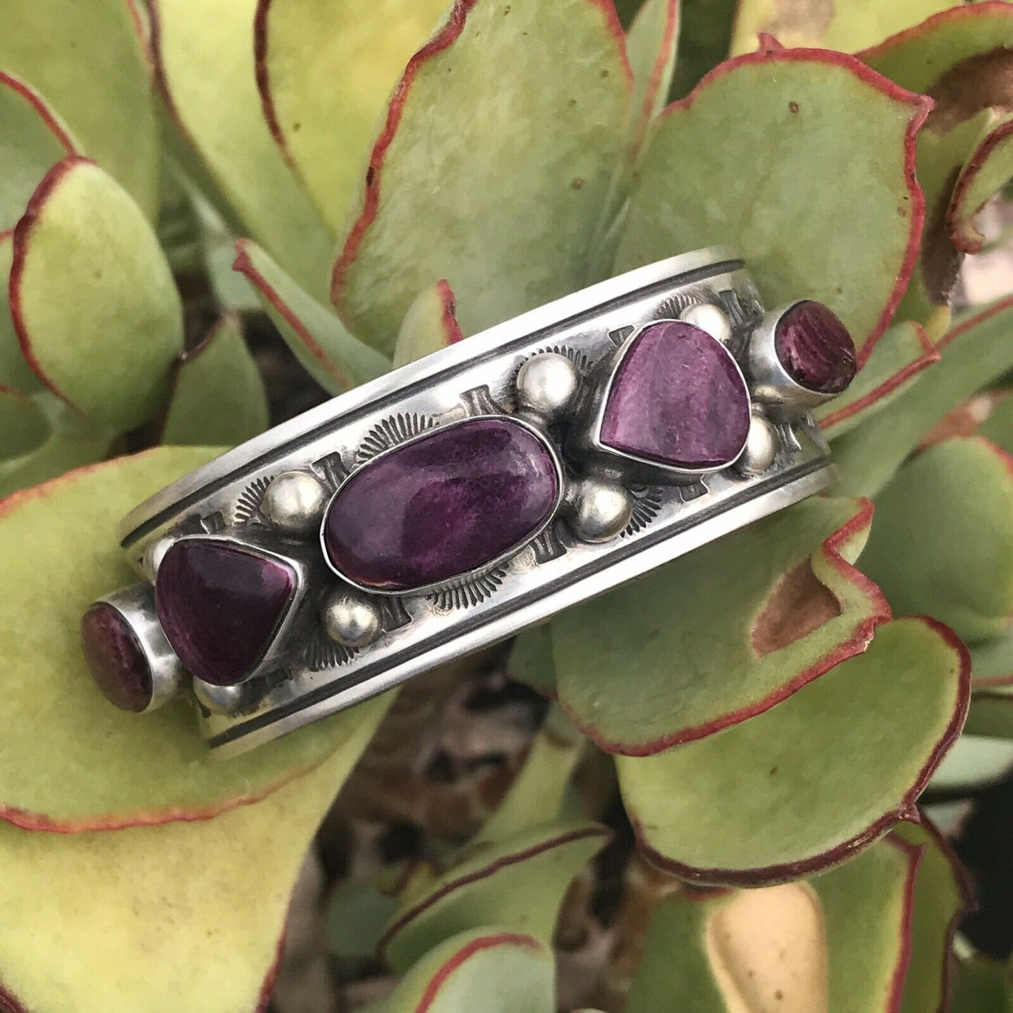 Purple Spiny Oyster  Sterling Silver Cuff Bracelet Signed