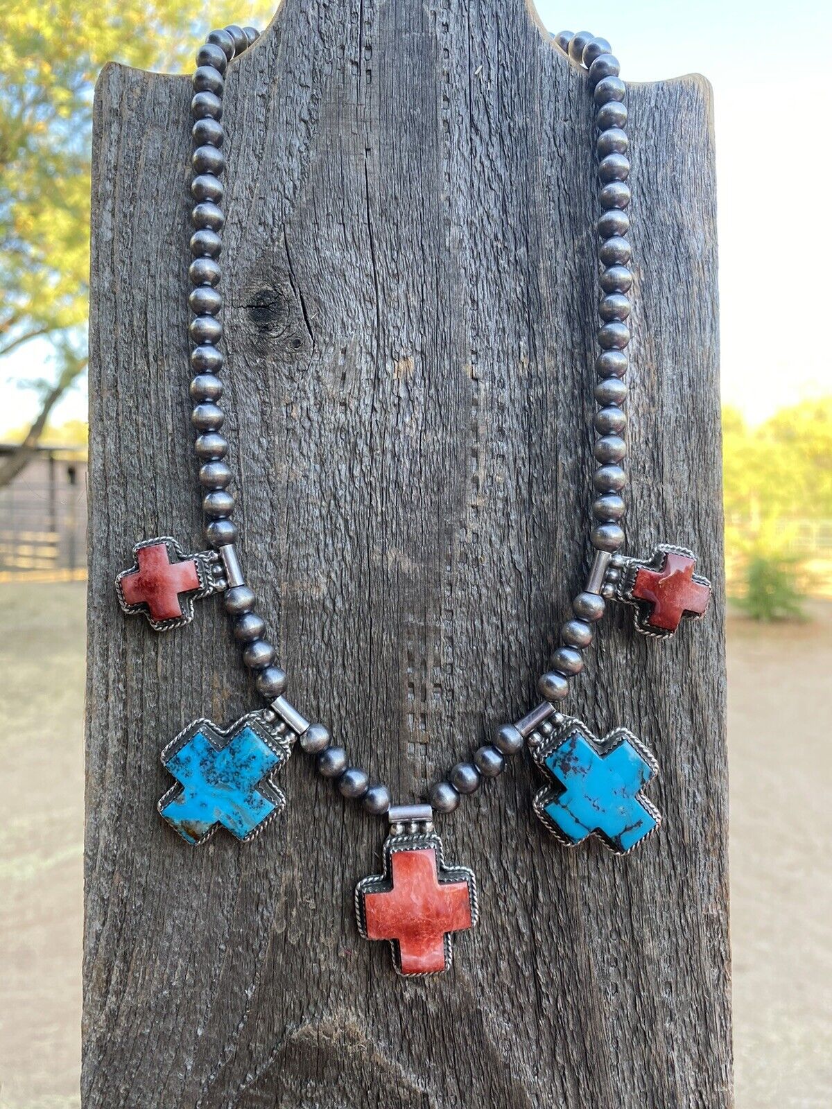 Buffalo Dancer Kingman Turquoise & Spiny Sterling Cross Beaded Necklace Signed