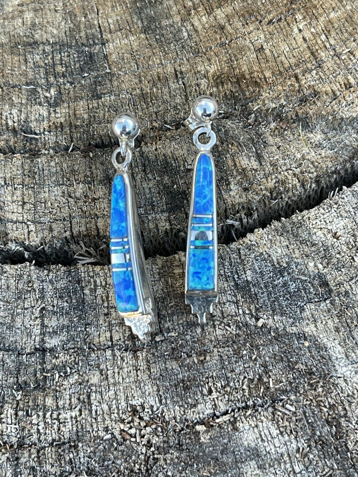 Navajo Blue Opal And Sterling Silver Inlay Dangle Earrings