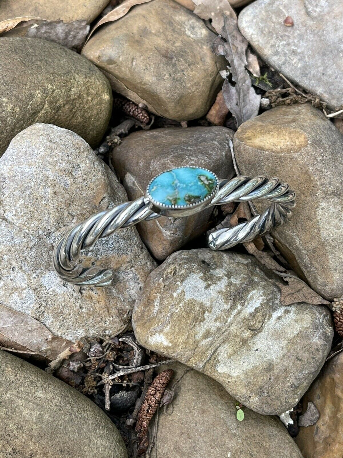 Beautiful Navajo Sterling Sonoran Mountain Turquoise Rope Style Bracelet Cuff
