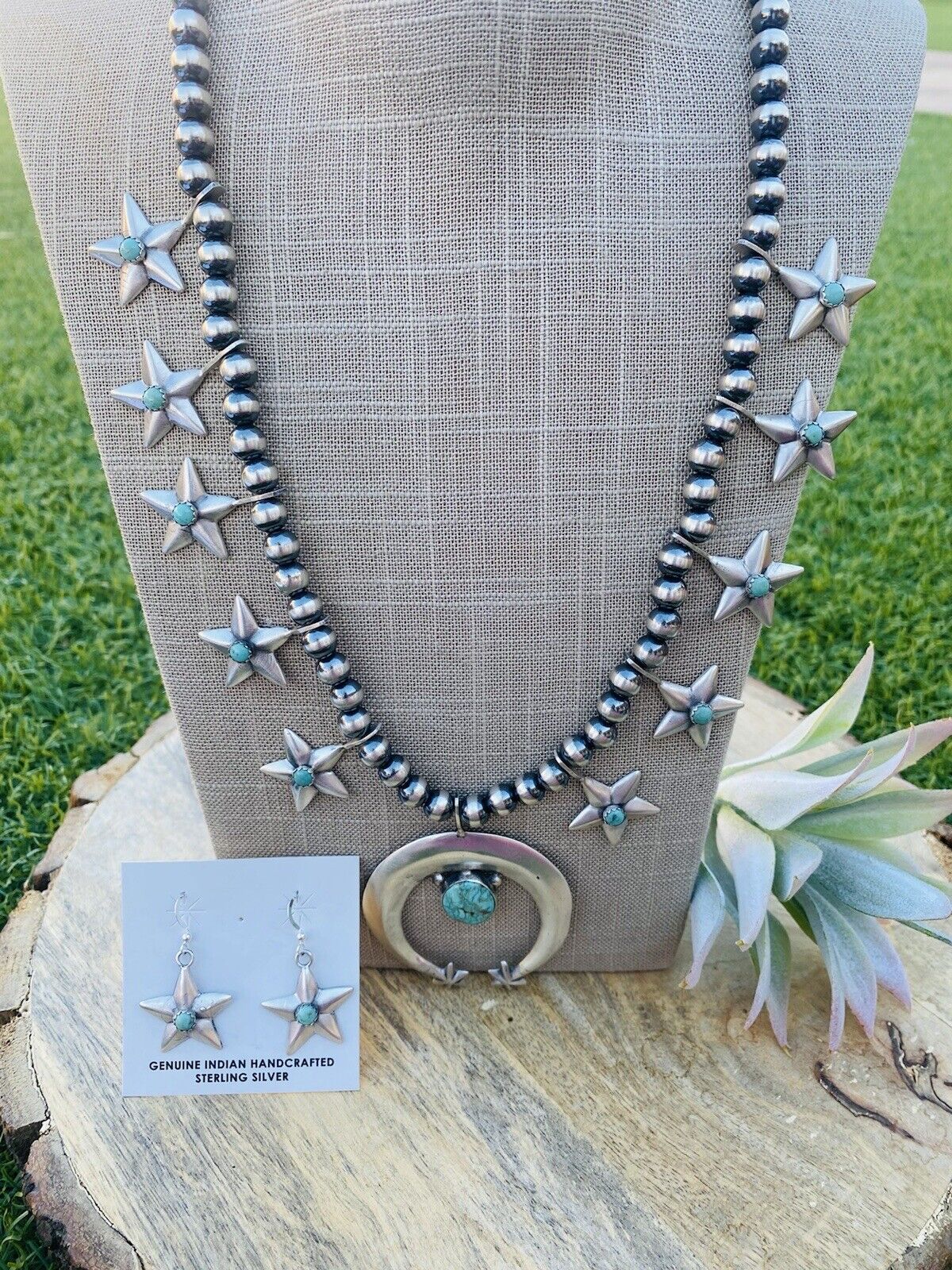 Navajo Kingman Turquoise & Sterling Silver Star Squash Blossom Set