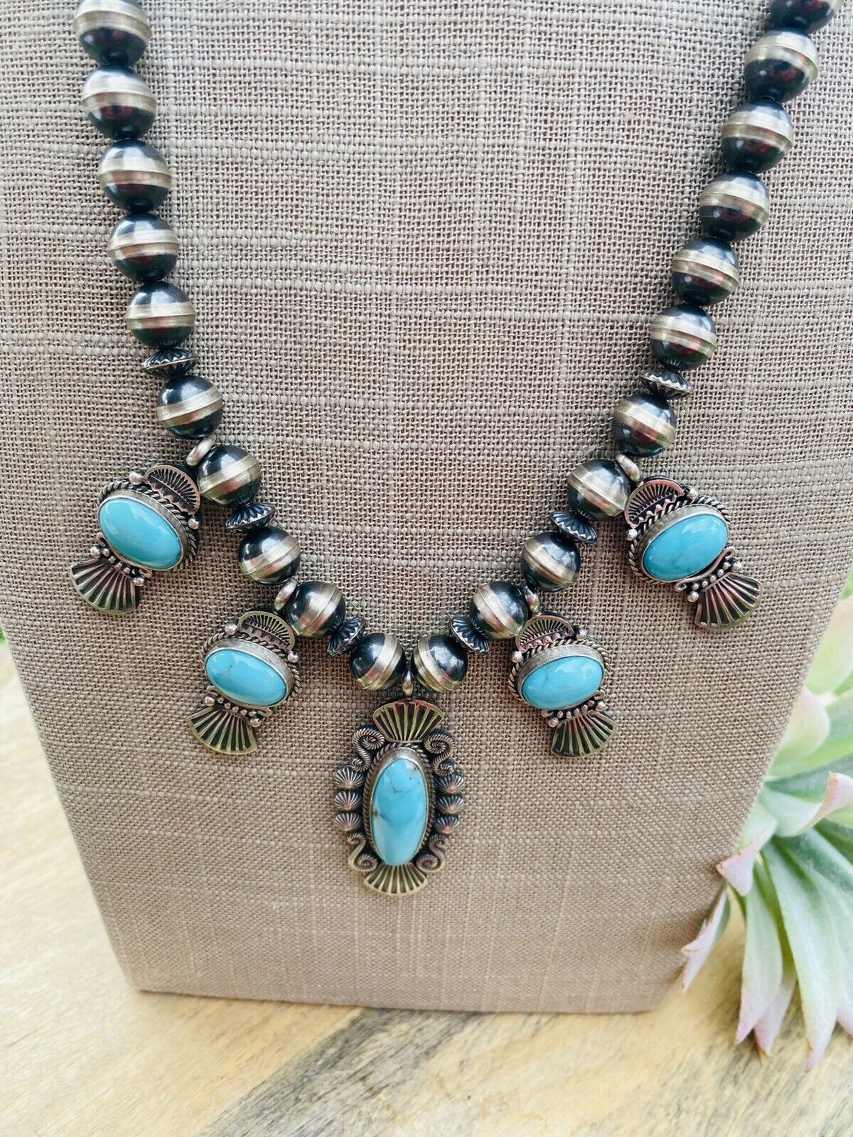 Navajo Turquoise & Sterling Silver Beaded Necklace Signed