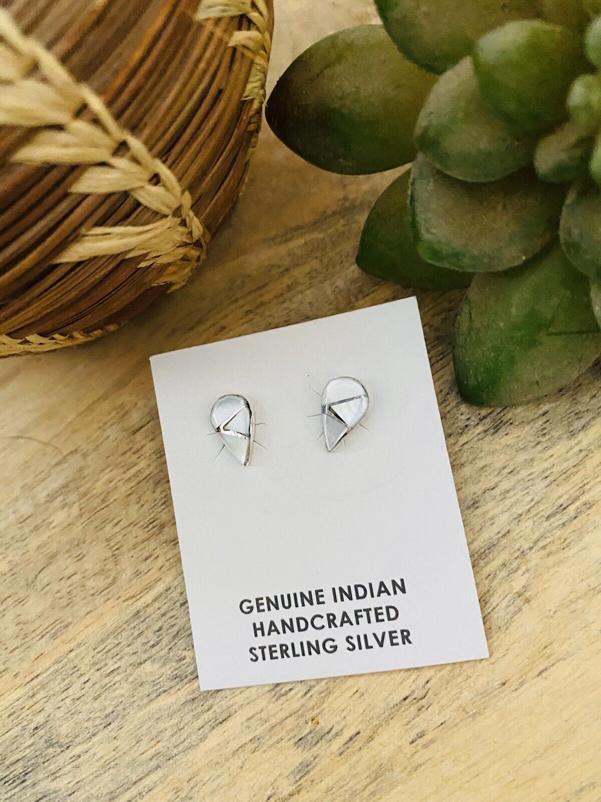 Zuni Sterling Silver And Mother Of Pearl Inlay Tear Drop Stud Earrings