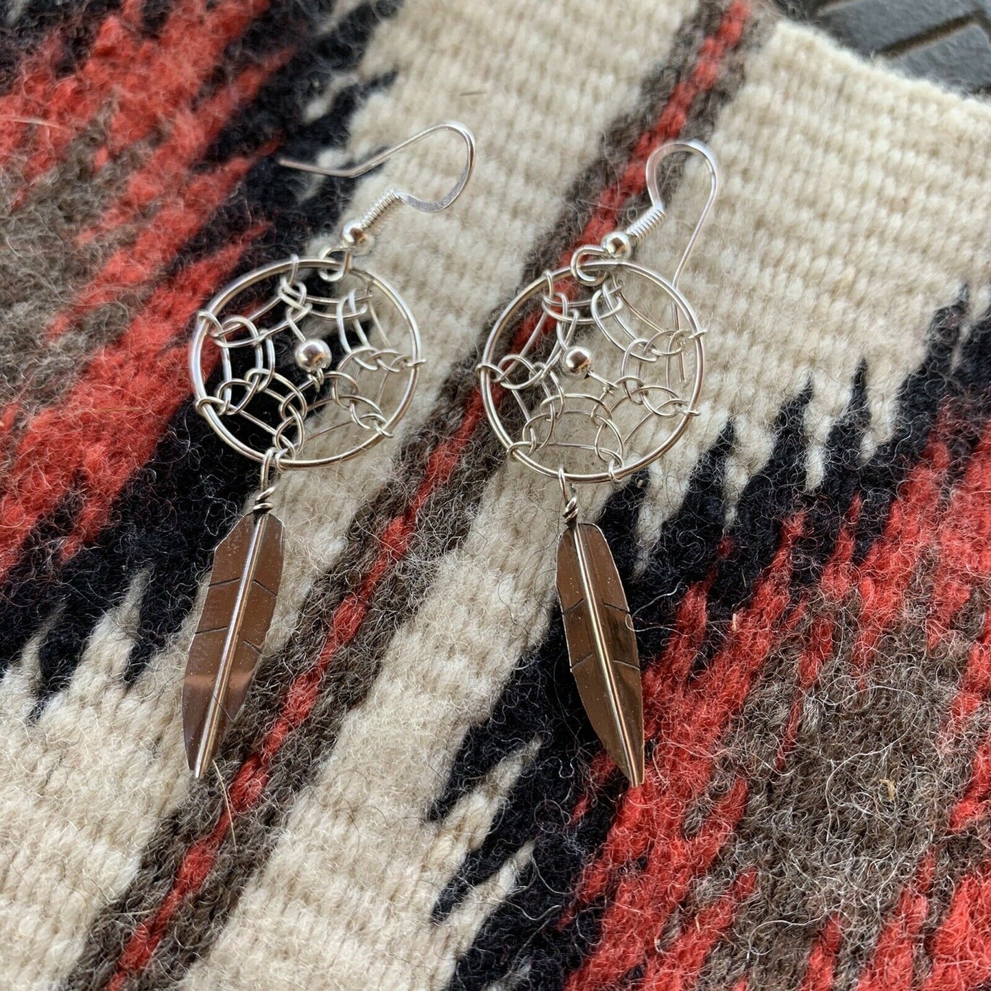 Navajo Sterling Silver Dream Catcher, Feather Dangle Earrings.