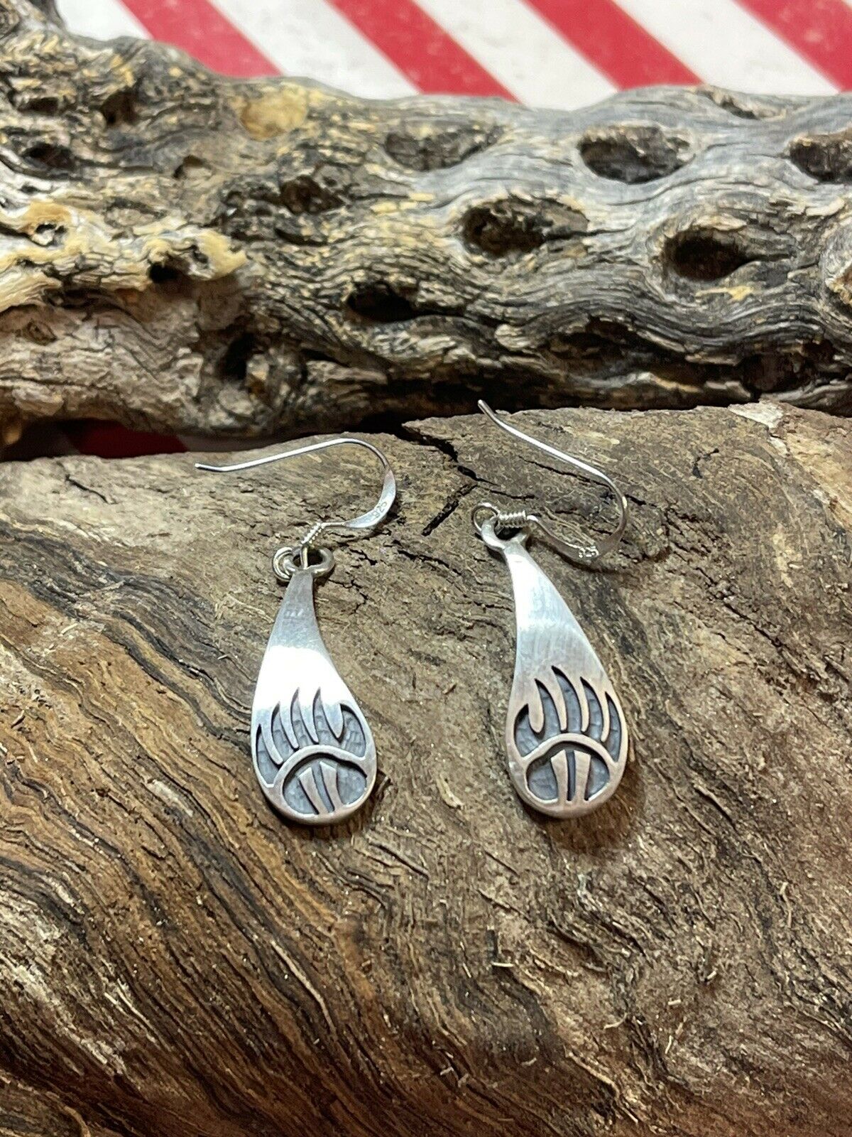 Hopi HandStamped Sterling Silver Bear Paw Dangle Earrings