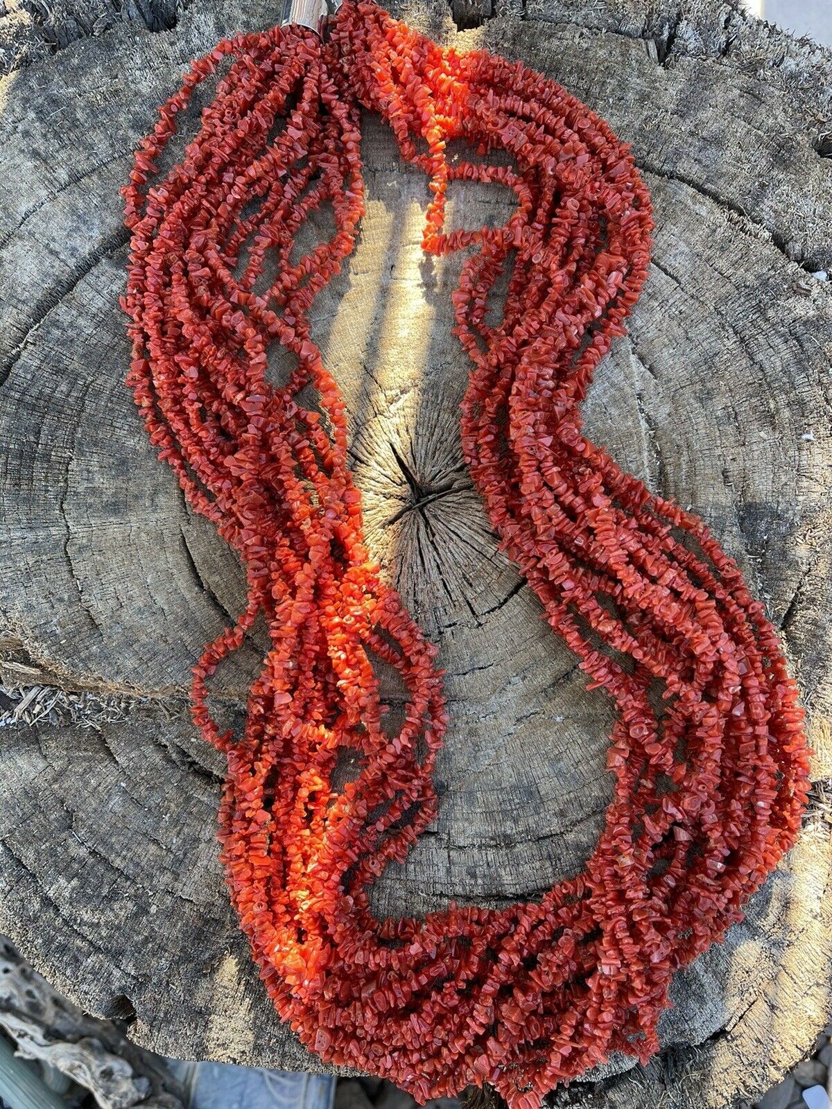 Navajo Sterling Silver Natural Coral 15 Strand Bead 36 Inch Necklace