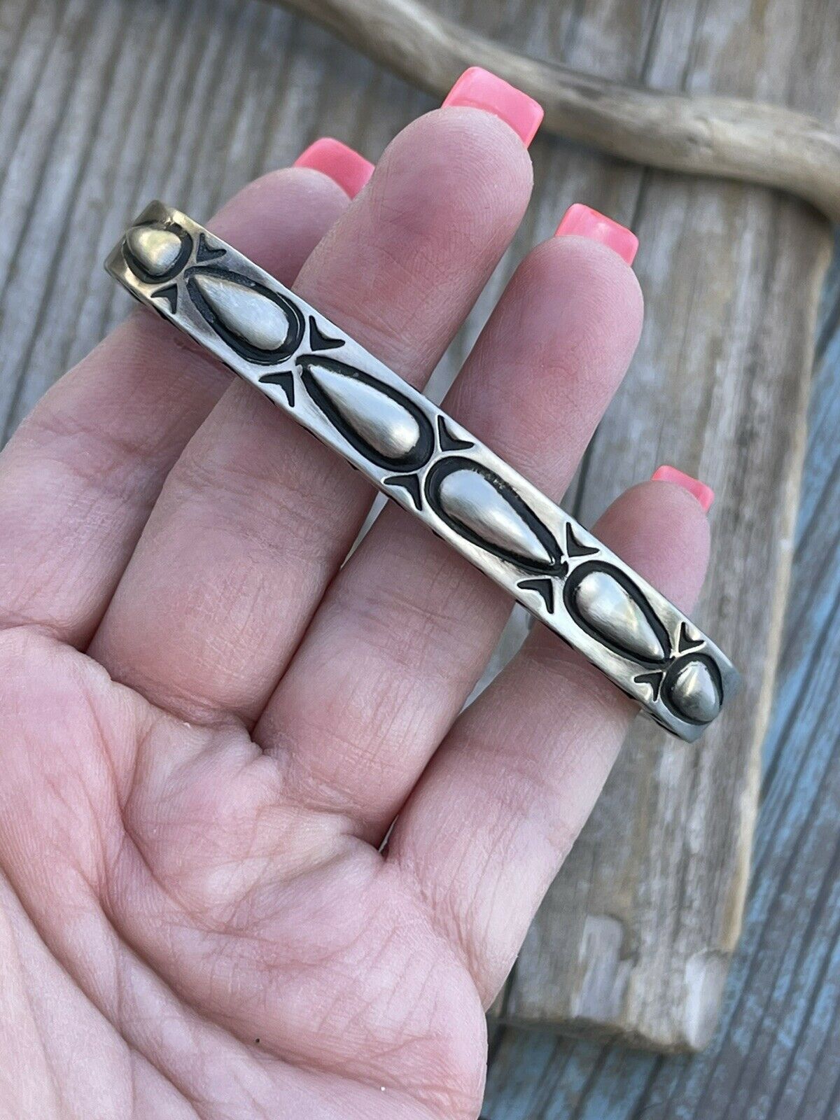 Leander Tahe Hand Stamped Sterling Navajo Bracelet Signed