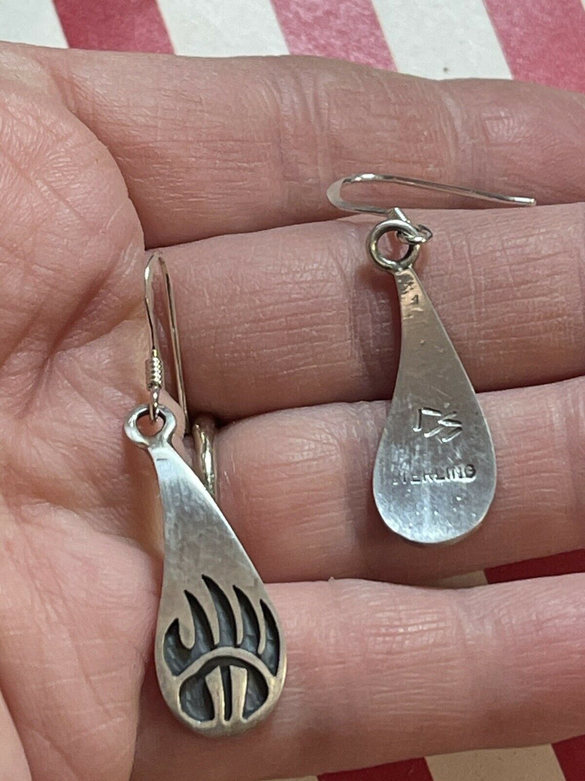 Hopi HandStamped Sterling Silver Bear Paw Dangle Earrings