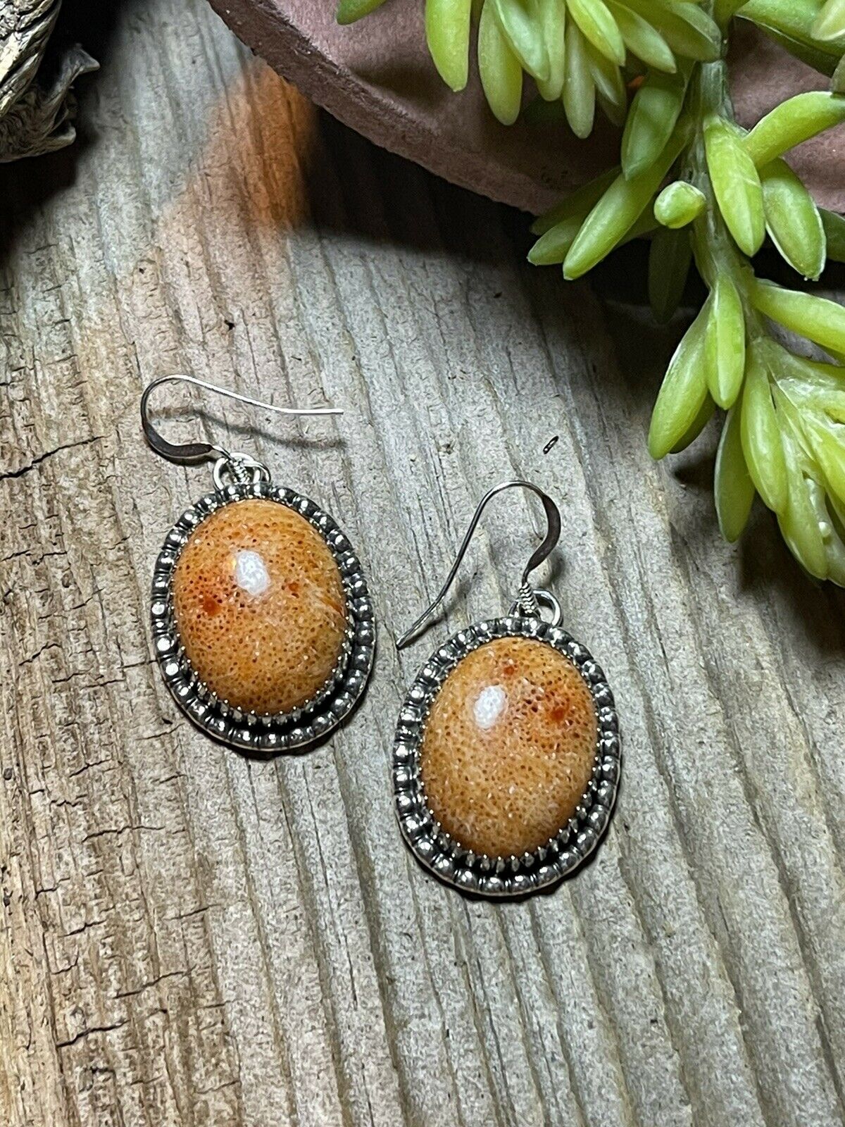 Beautiful Navajo Sterling Silver Apple Coral Oval Dangle Earrings