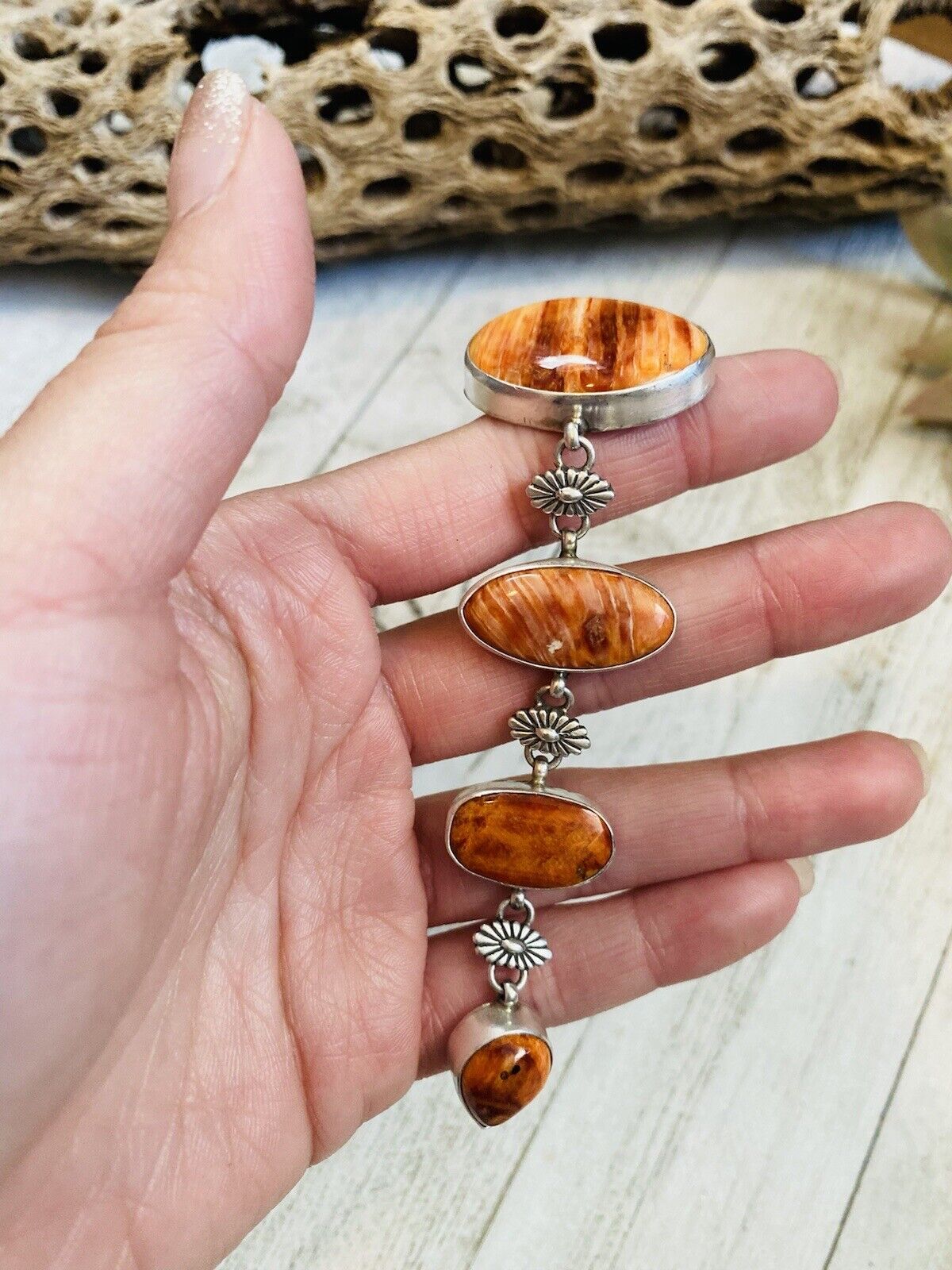 Navajo Orange Spiny & Sterling Silver 4 Stone Lariat Necklace
