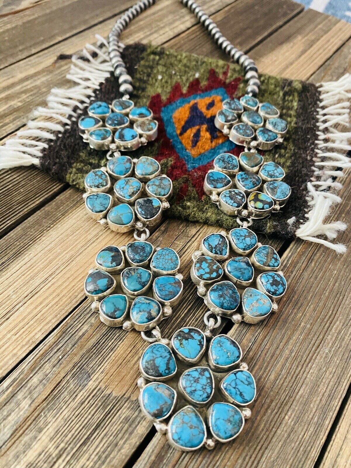 Navajo Natural Kingman & Sterling Silver  Cluster Necklace